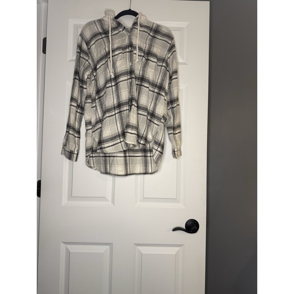 American Eagle Cozy Cabin Oversized Hoodie Flannel Cream Black Gray Small Nwt